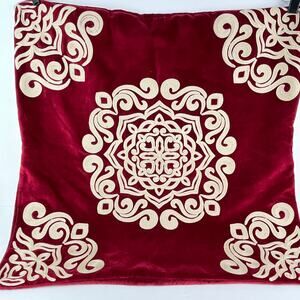 Pottery Barn Red Velvet Cream Embroidered Medallion Pillow Cover 24in Square